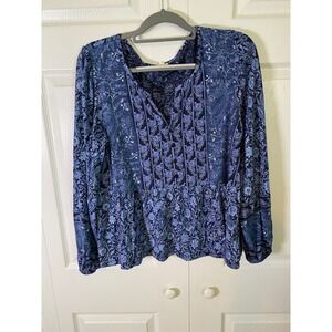 Lucky Brand Womens Blue Paisley Floral Peplum Blouse Long Sleeve Button Top L